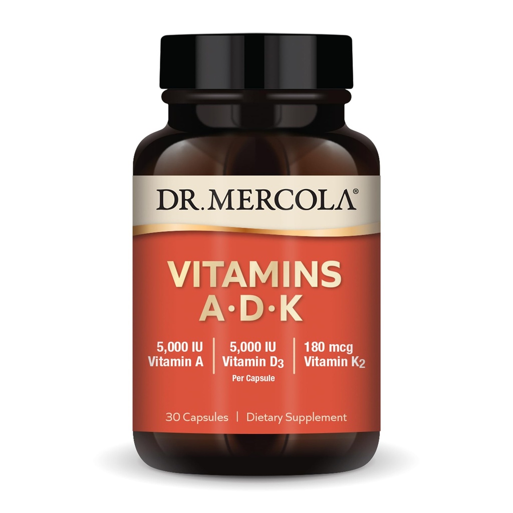 Dr Mercola Vitamines ADK, 30 portions (30 capsules), supplément alimentaire, 5000 UI Vitamine A & Vitamine D3, 180 mcg Vitamine K2, soutient la santé immunitaire, non OGM