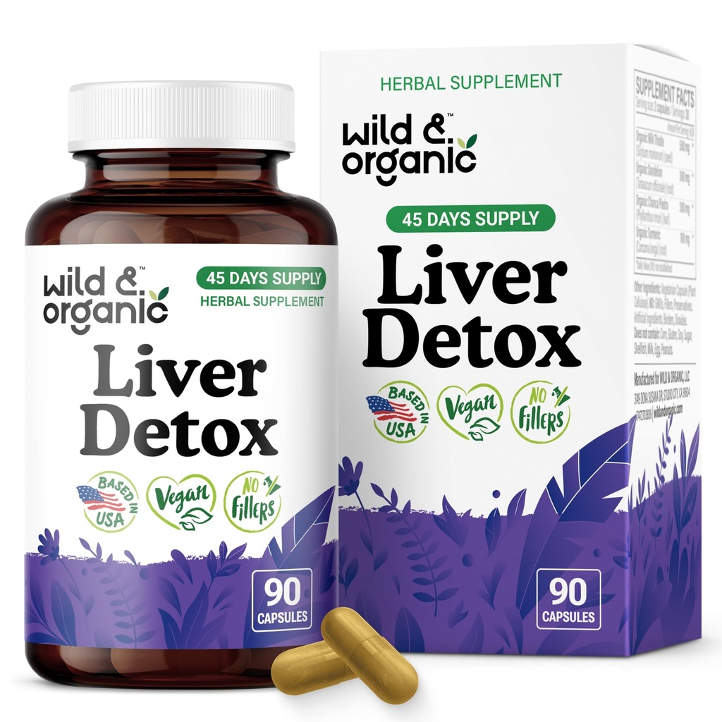 Wild & Organic Liver Detox Cleanse Capsules - Milk Thistle Silymarin, Dandelion Root Liver Support Formula - Milk Thistle Supplement - 90 Vegan Capsules - 45-Day Supply - No Fillers, Non-GMO