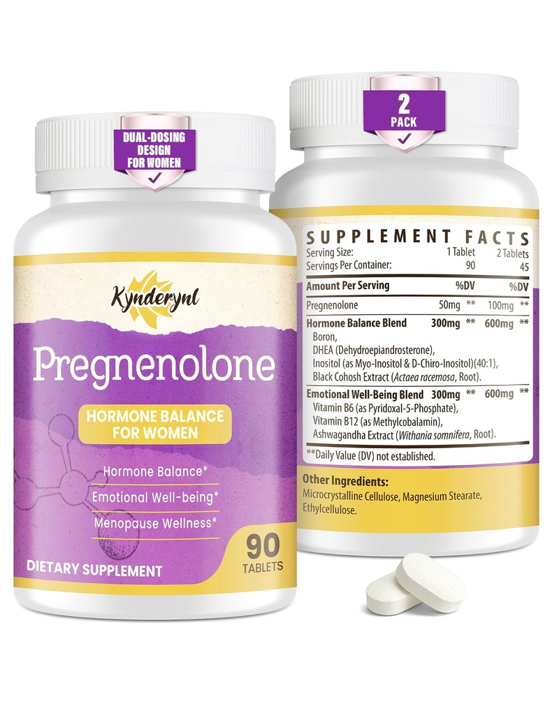 Pregnenolone with Ashwagandha for Women, Pregnenolone 100mg (2 Tablets) or 50mg (1 Tablet) Dose, 8-in-1 Formula with DHEA, Black Cohosh, Dual-Dosing, Vegan, Gluten Free, 180 Chewable Tablets