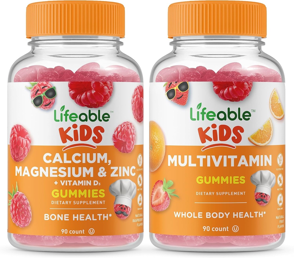 Calcium Lifeable Magnésium & Zinc Kids + Multivitamin Kids, Gummies Bundle - Grande dégustation, supplément de vitamine, sans gluten, sans OGM, gummy à croquer