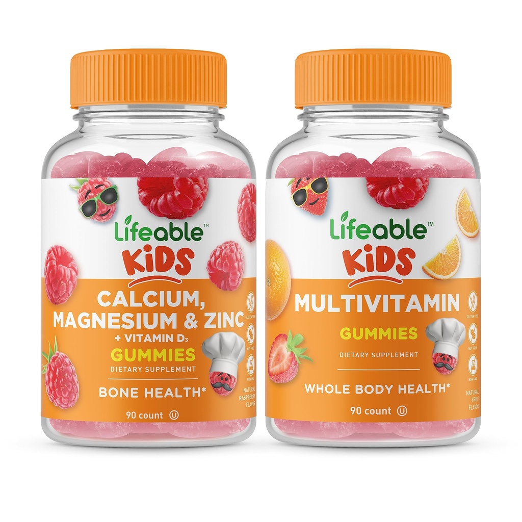 Calcium Lifeable Magnésium & Zinc Kids + Multivitamin Kids, Gummies Bundle - Grande dégustation, supplément de vitamine, sans gluten, sans OGM, gummy à croquer