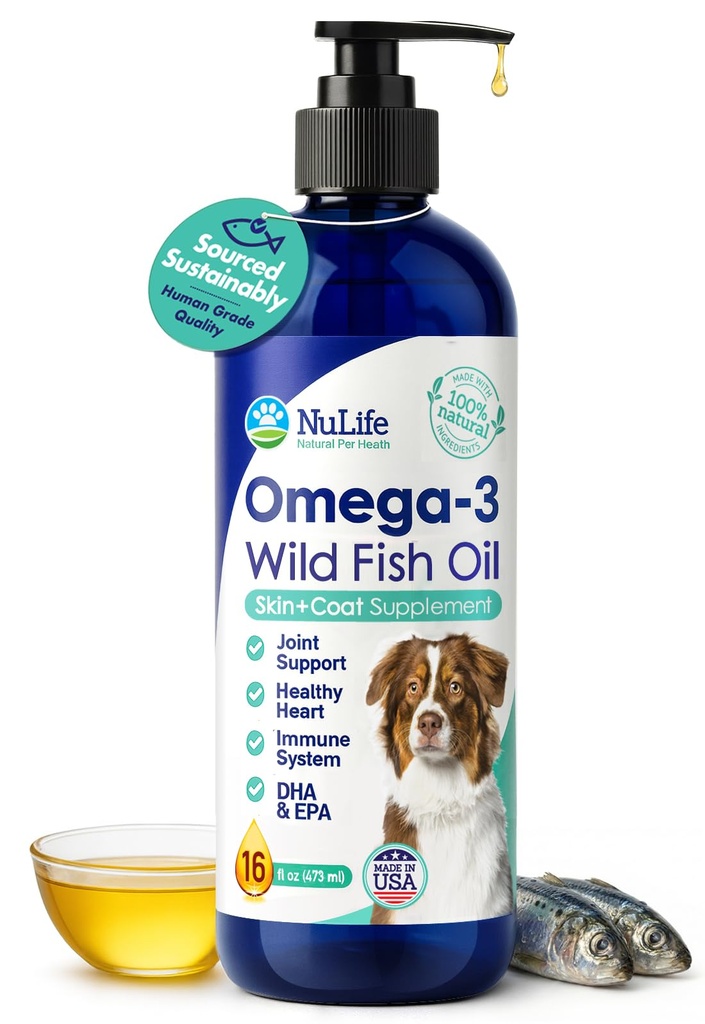 Huile de poisson liquide pour chiens avec acides gras oméga 3, 6 et 9, prise sauvage d'Islande, supplément de peau et de manteau pour Shedding, peau démangeaison, allergies, santé du cerveau et du coeur, riche en EPA + DHA - 16 oz