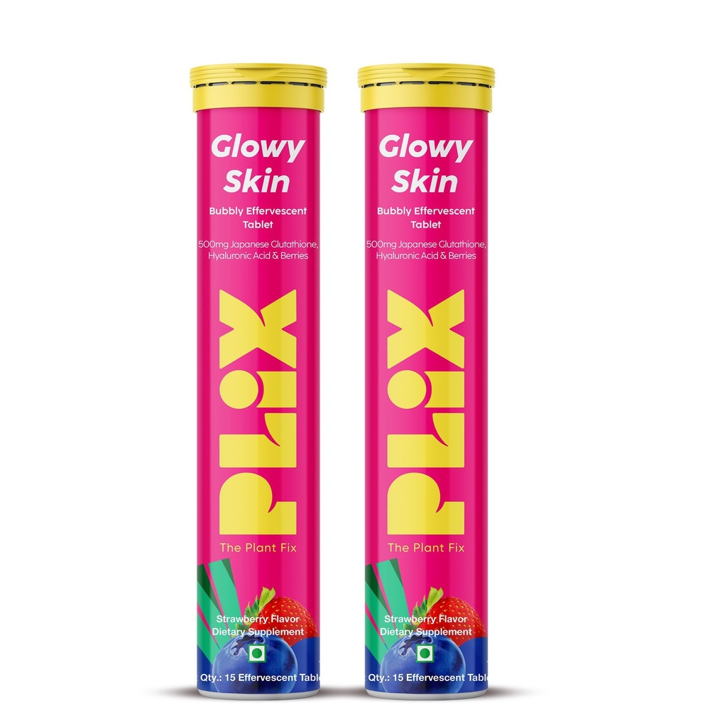 PLIX Glowy Skin 500mg Glutathione Supplement with Hyaluronic Acid, Vitamin C, E & Berries | 30 Effervescent Tablets, Strawberry Flavor
