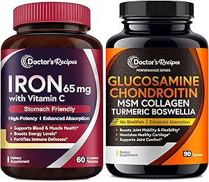 Recettes du médecin Fer 65 mg et glucosamine Chondritine MSM Bundle, teneurs en fer en santé et articulations confortables, comprimés en fer 60 ct et comprimés de soutien interarmées 90 ct