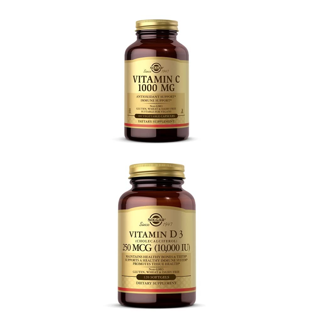 Solgar Vitamin C 1000 mg, 100 Vegetable Capsules - Antioxidant & Immune Support - Overall Health Vitamin D3 (Cholecalciferol) 250 MCG (10,000 IU), 120 Softgels - Immune System Support