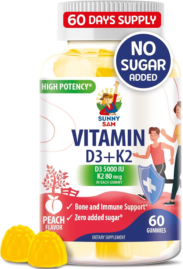 Vitamine sans sucre D3 K2 Gommies 5000 UI - Gommies de soutien aux immunones et aux os - Supplément de vitamine D Gommy pour adultes - Vitamines à haute absorption, végane, halal, sans gluten