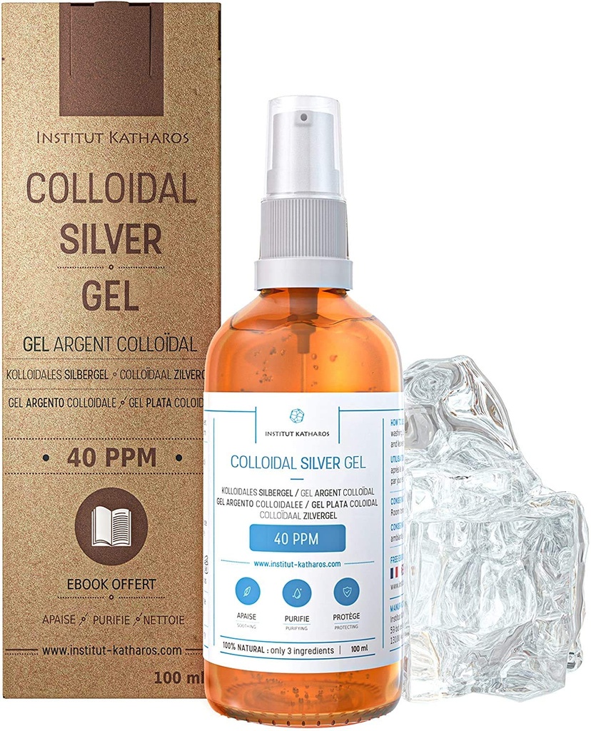 Gel d'argent colloïdal pur 40 PPM • 100% naturel et seulement 3 ingrédients • texture optimale et absorption (meilleure que les crèmes) • verre ambré et pompe ultra-pratique • Ebook inclus • Institut Katharos