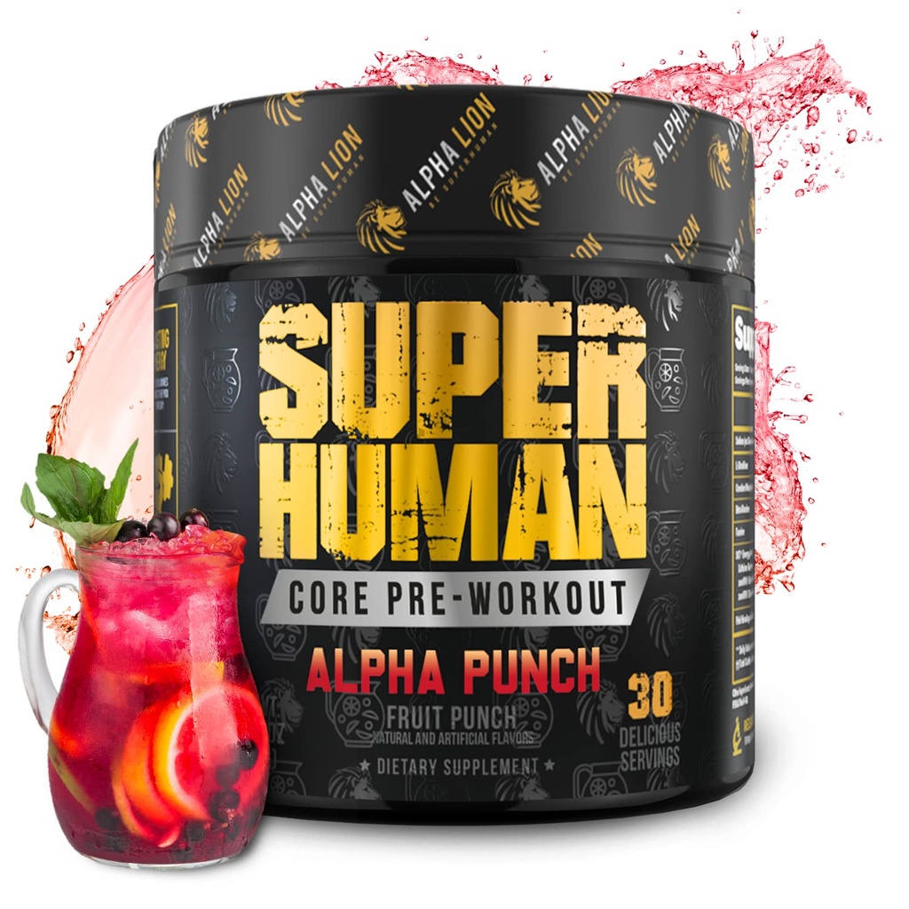 ALPHA LION Core pré-entraînement poudre avec de la créatine pour la performance, Beta Alanine pour les muscles, L-Citrulline pour la pompe et la caféine tri-source pour l'énergie soutenue (30 portions, parfum de punch de fruits)