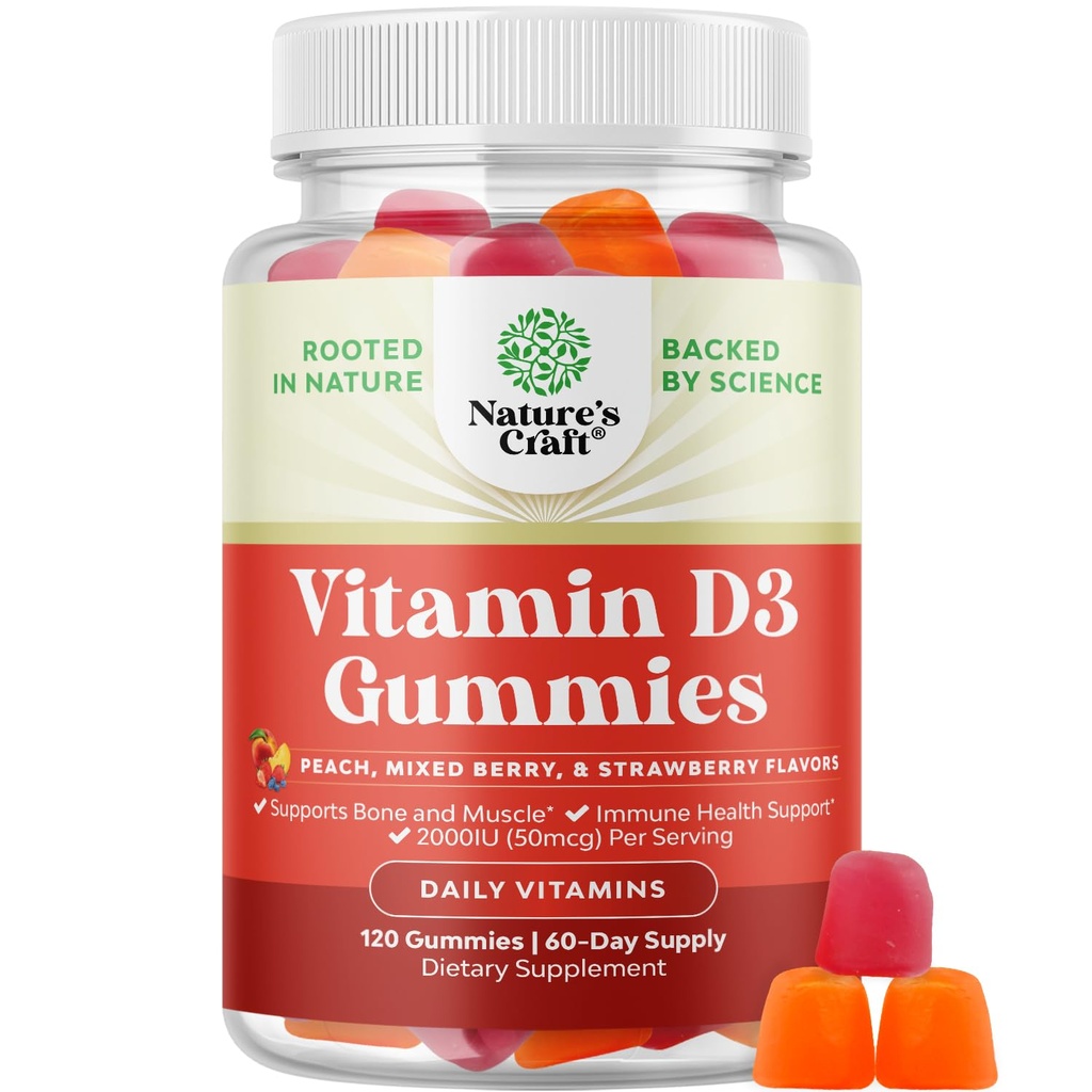 Natures Craft Vitamine D3 Gummies for Daily Wellness - Delicious Vitamine D Gummies for Adults with D3 2000IU per Serving Bone Muscle & Immune Support - Sans gélatine et sans gluten (60 jours d'approvisionnement)