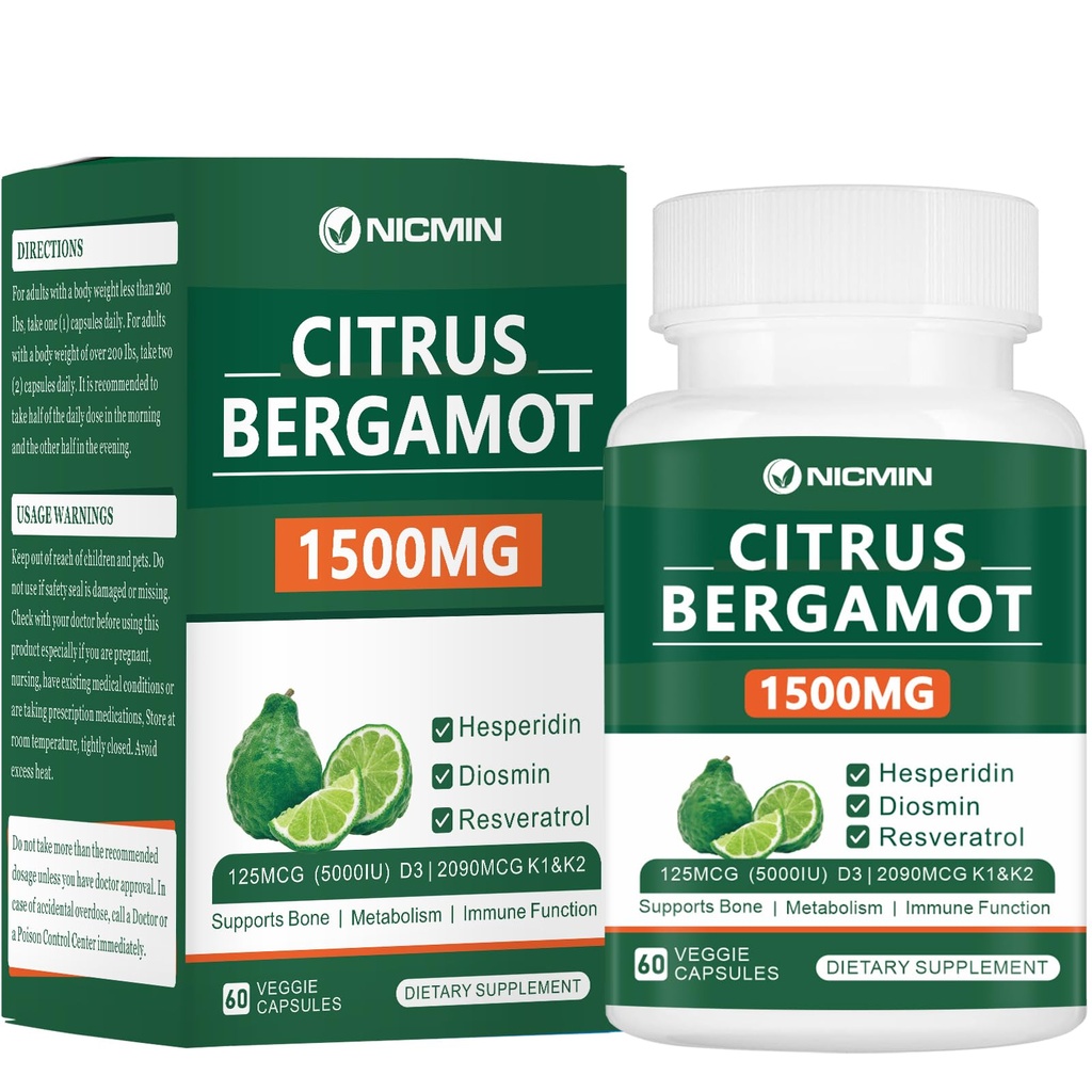 Citrus Bergamot 1500mg with Hesperidin, Diosmin, Resveratrol, Vitamin D3, K1 & K2 - Bergamot Supplement 60 Veggie Capsules