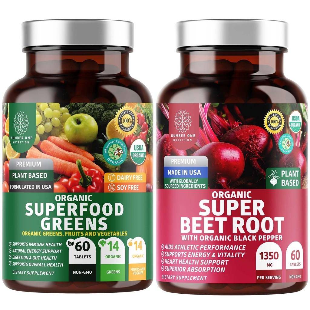 No One Nutrition N1N Premium et Bio Superfood Verts et Comprimés de racines de betteraves pour le soutien immunitaire et antioxydant, emballés avec Alfalfa, Spiruline et Orge, 120 comprimés