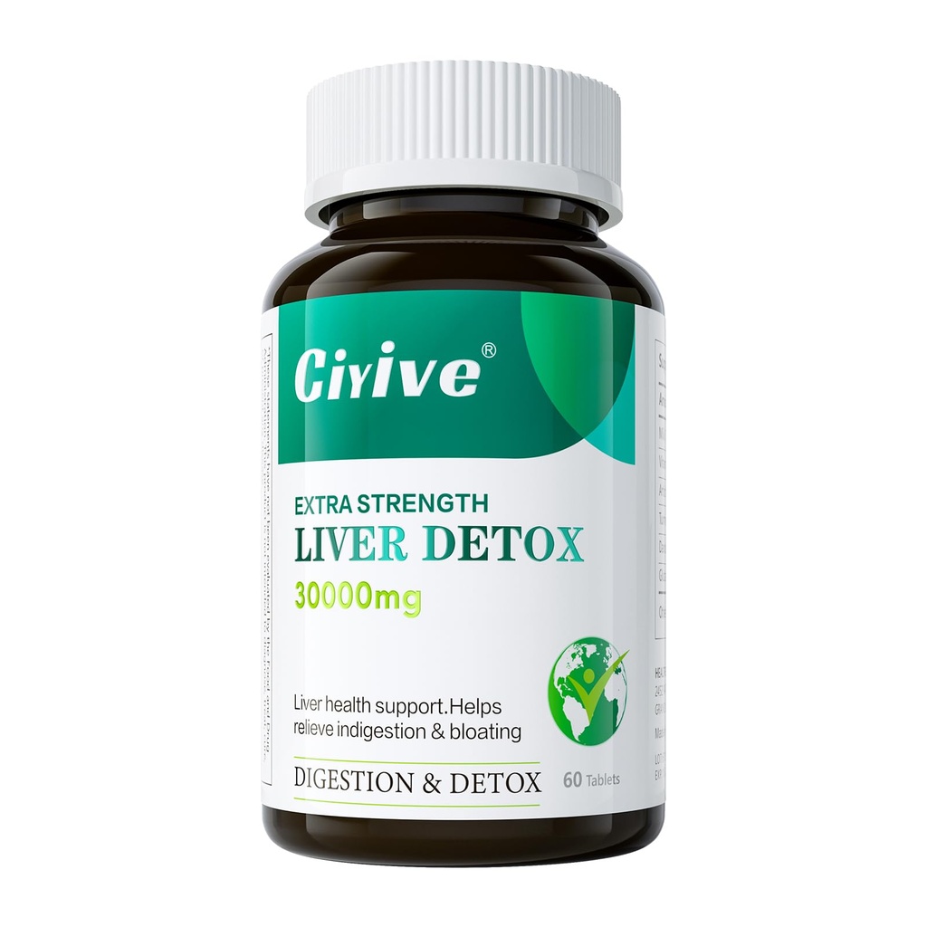 Ciyive Liver Health Supplement, containing Milk Thistle, Artichoke, Turmeric, and Dandelion extracts, 60 Tablets per Pack.