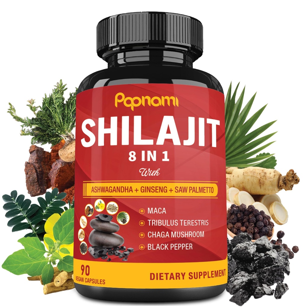 Shilajit Himalayan Capsules - 3 mois d'approvisionnement - Ashwagandha combiné, Ginseng, Saw Palmetto, Maca, Tribulus, Chaga, Poivre noir