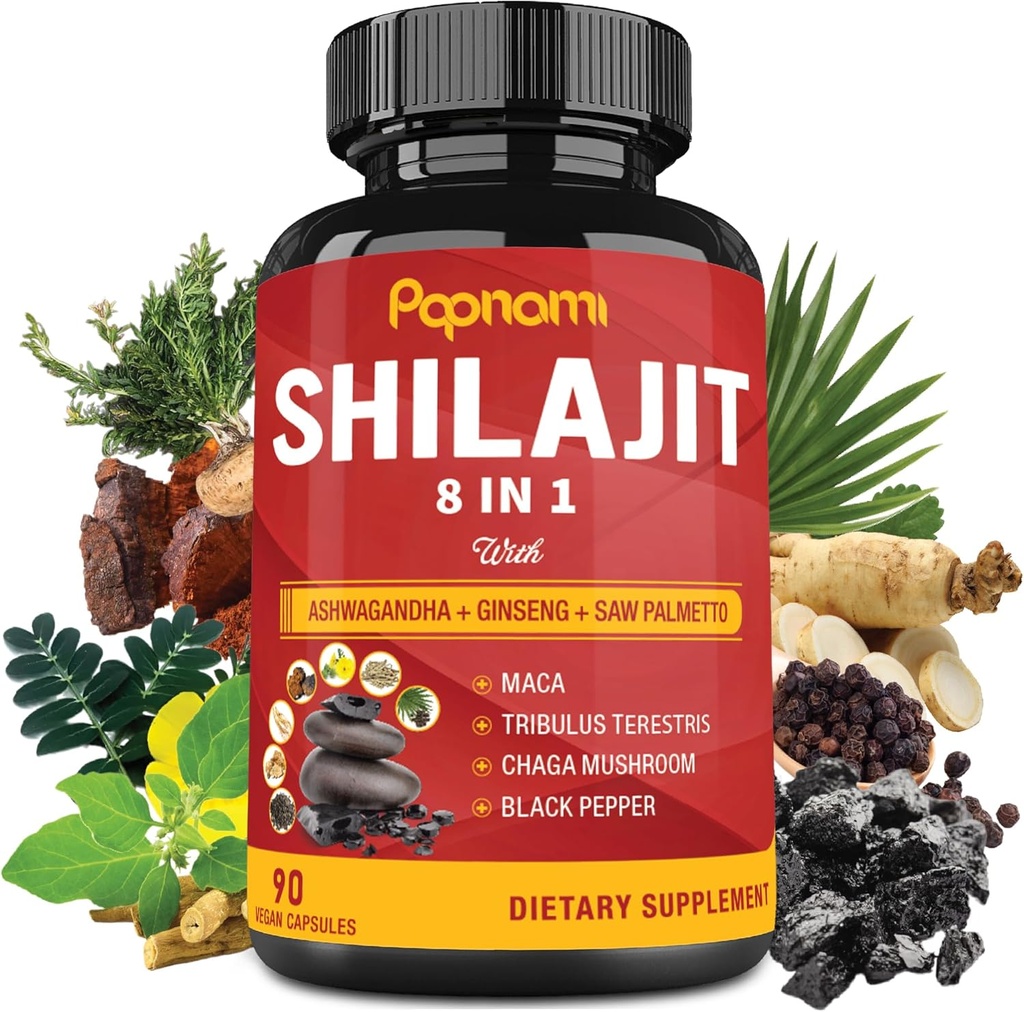 Shilajit Himalayan Capsules - 3 mois d'approvisionnement - Ashwagandha combiné, Ginseng, Saw Palmetto, Maca, Tribulus, Chaga, Poivre noir