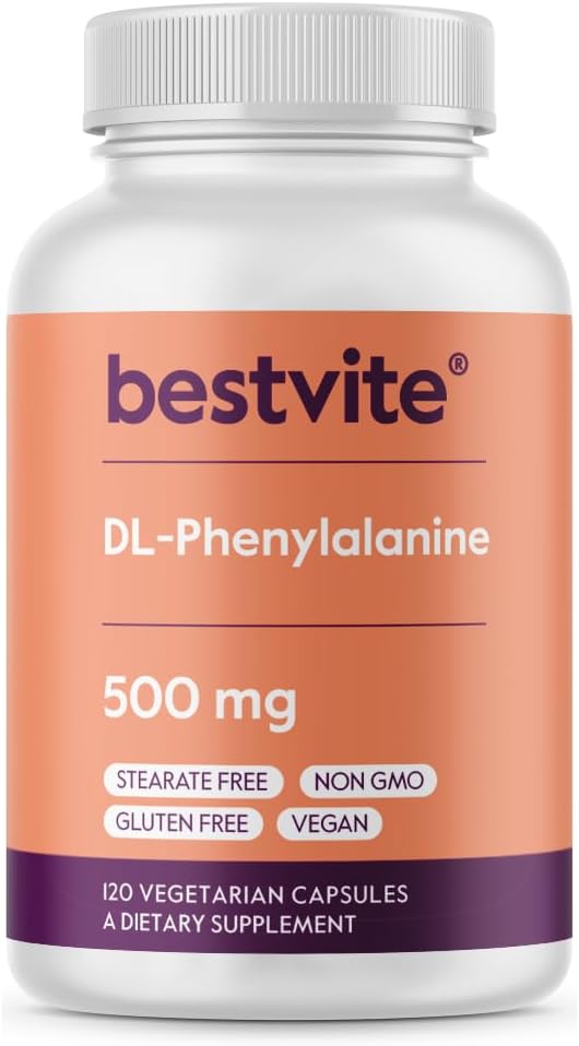 BESTVITE DL-Phenylalanine 500mg (120 capsules végétariennes) - Pas de stéarate - Pas de remplissage - Vegan - Sans gluten - Non OGM