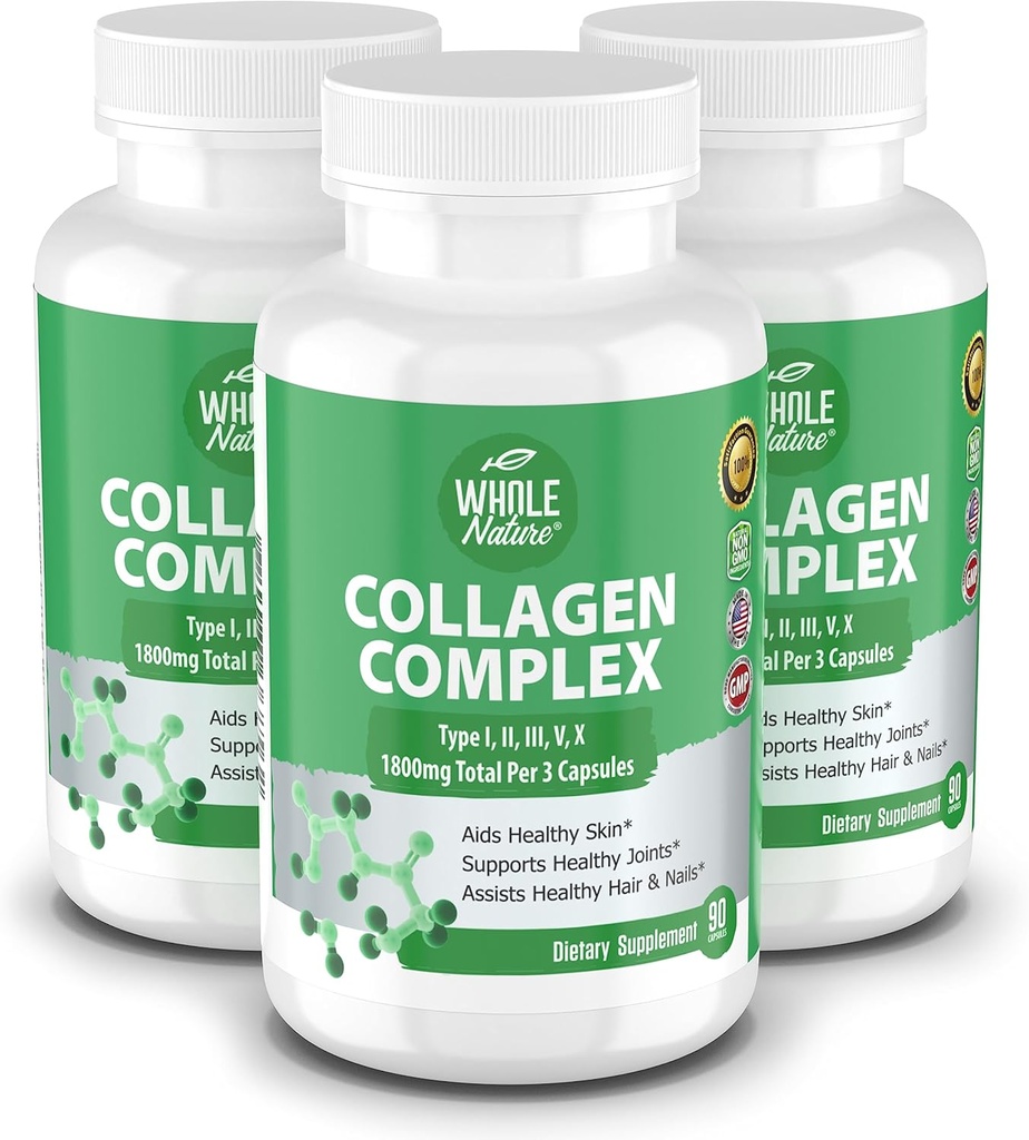 Multi Collagen Protein Peptides Supplément Capsules - 1800mg Collagen Complex Types I, II, III, V, X - Soutien articulaire, Cheveux sains, peau, ongles, vitamines de beauté, 100% naturel, non-OGM 270ct (3)