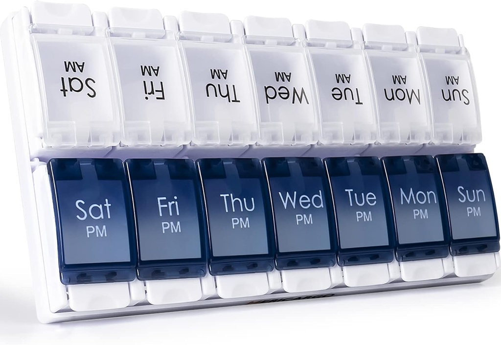 MERICARGO Am Pm Pill Organisateur 7 jours, 2 fois par jour Grand hebdomadaire Pill Box, Push Button Daily Pill Case pour la vitamine, huile de poisson, suppléments