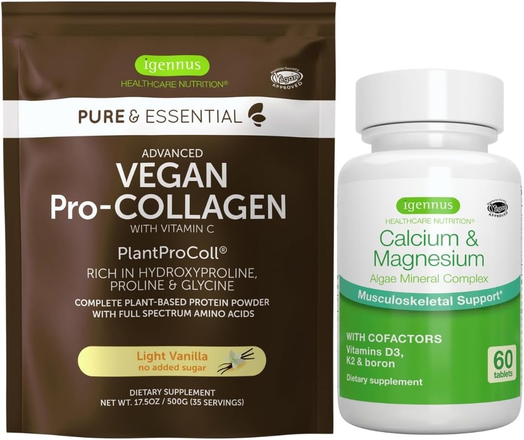 Poudre de protéines de collagène végétalien + ensemble complexe de calcium et magnésium, soutien complet aux os, par Igennus