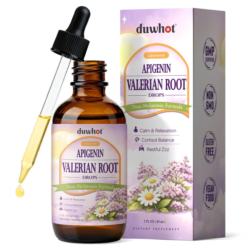 duwhot Liposomal Apigenin with Valerian Root Liquid Drops, Apigenin 50mg Supplement with L-Theanine, Magnesium Bisglycinate, GABA, Chamomile & Lemon Balm Extract, 2 Fl Oz
