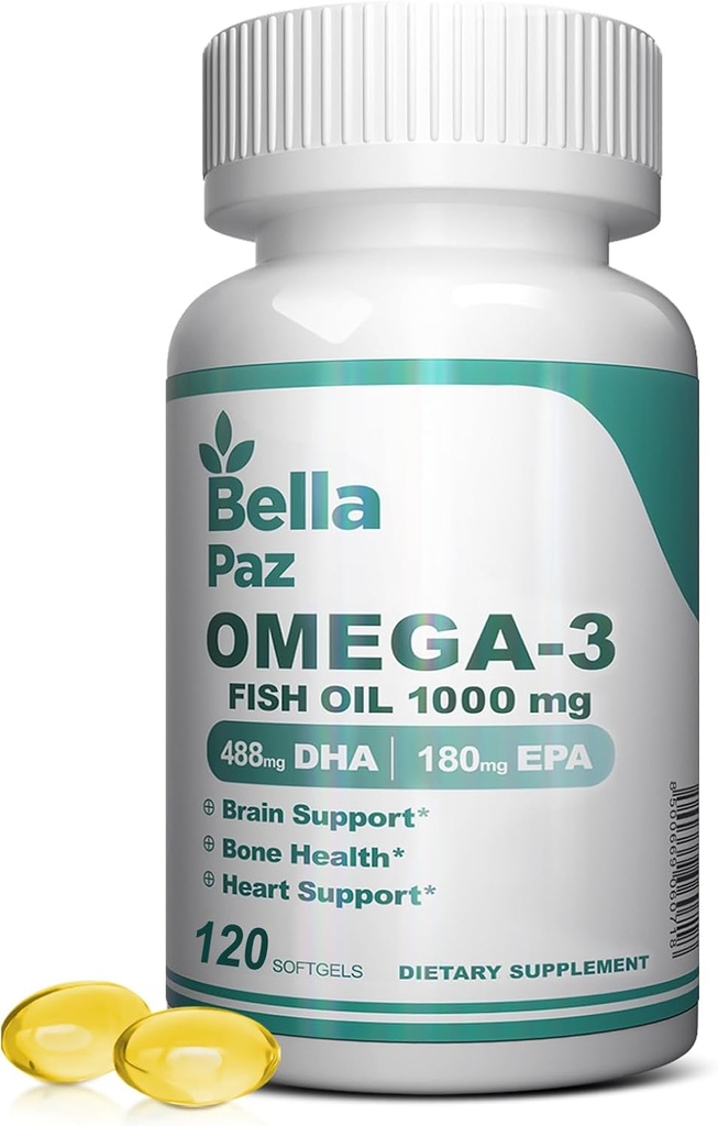 Omega 3 Suppléments d'huile de poisson - 1000mg Huile de poisson 788 mg Omega-3 Acides gras sans Burp, 488 DHA et 180 EPA pour le soutien du cerveau musculaire et la santé du coeur, suppléments pour les hommes et les femmes, 120 Softgels