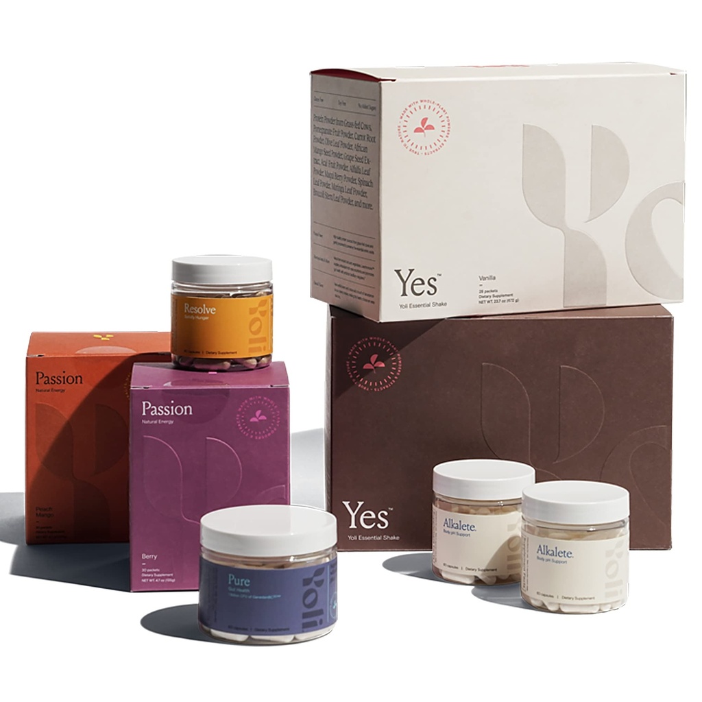 Le kit de transformation Yoli® comprend YES, Passion, Alkalete, Pure, Resolve et Le meilleur système de corps 28 jours programme T-Kit (Flavors Vary)