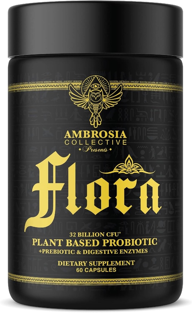 Ambrosia Flora Digestive Enzymes with Probiotics and Prebiotics, Plant Based Gut Health Supplement, 32 Billion CFU, Vegan Probiotic for Digestive Health (30 Servings)
