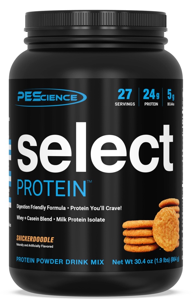 PEScience Sélectionner Poudre de protéines, mélange de lactosérum et de caséine, poudre de protéines propres pour les femmes et les hommes, faible teneur en calories, faible teneur en glucides, kéto amical, sans gluten - Snickerdoodle - 27 portions