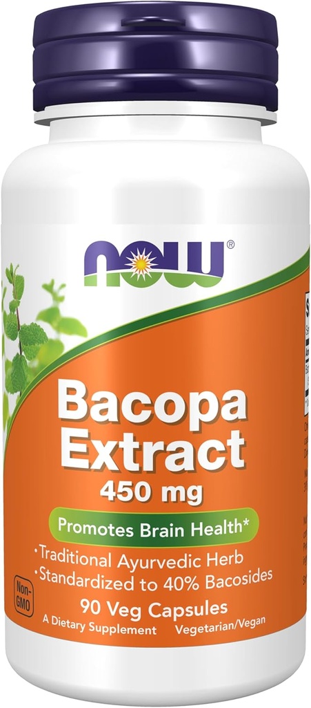MAINTENANT Aliments suppléments, extrait de Bacopa (Bacopa monnieri) 450 mg, favorise la santé du cerveau*, 90 gélules