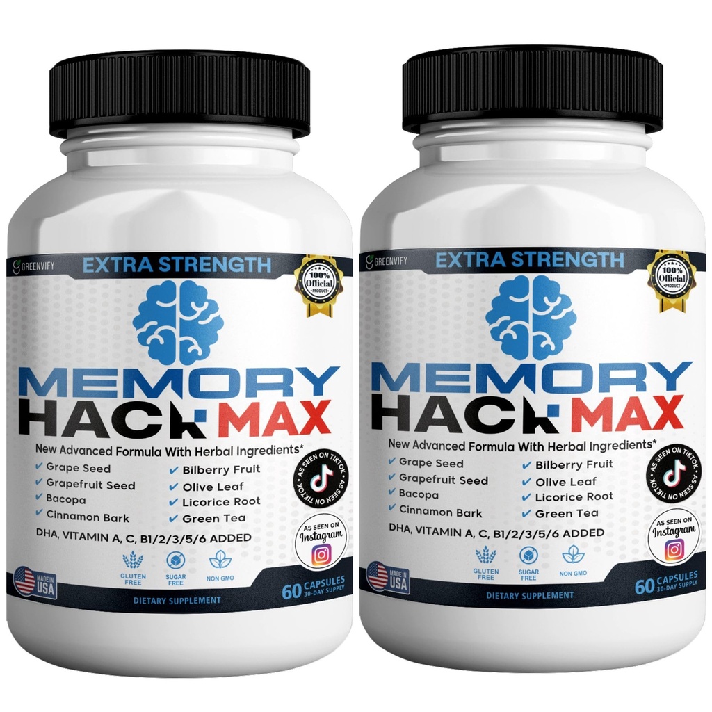 Memory Hack Max Brain Support Supplement, Extra Strength with Herbal Ingredients, 60 Capsules, 30-Day Supply (2)