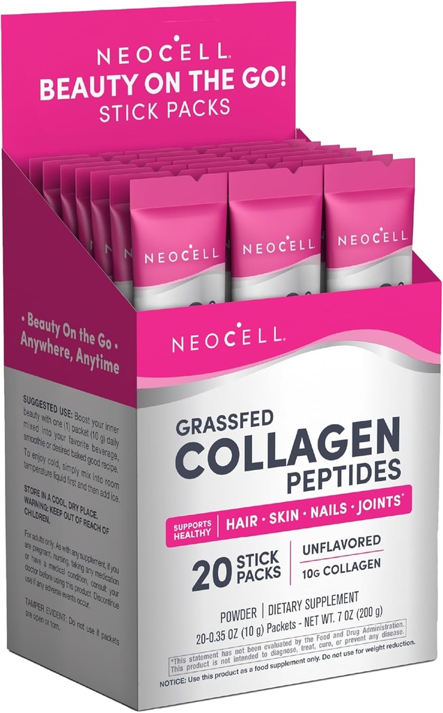 NeoCell Super Collagen Peptides, 10 g Collagen/Single-Serve Packet; Keto certifié, sans gluten; pour une peau, des cheveux, des ongles et un soutien articulaire sains;* Poudre non aromatisée, 20 portions, 7 oz.