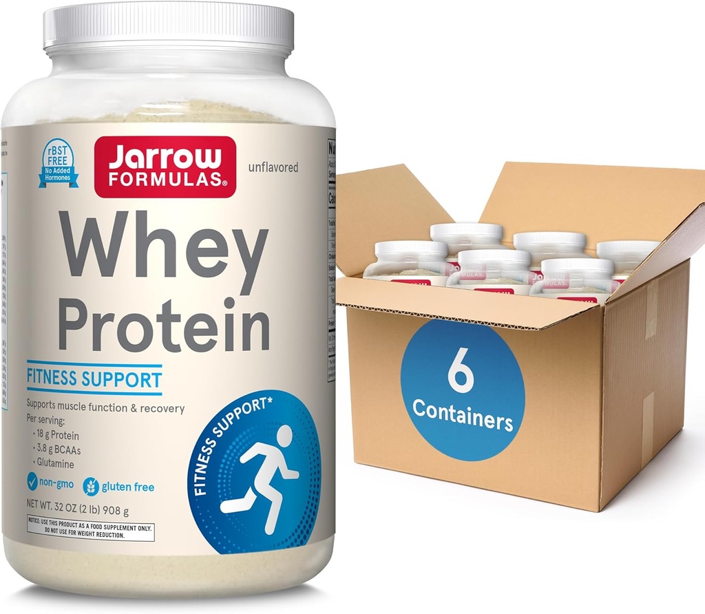 Formules de Jarrow Whey Protéine avec 18g de protéines, 3,8g de BCAA, et glutamine, supplément alimentaire pour la fonction musculaire et le soutien de la récupération, 32 oz poudre non aromatisée, environ 38 jours d'approvisionnement, 6 paquets