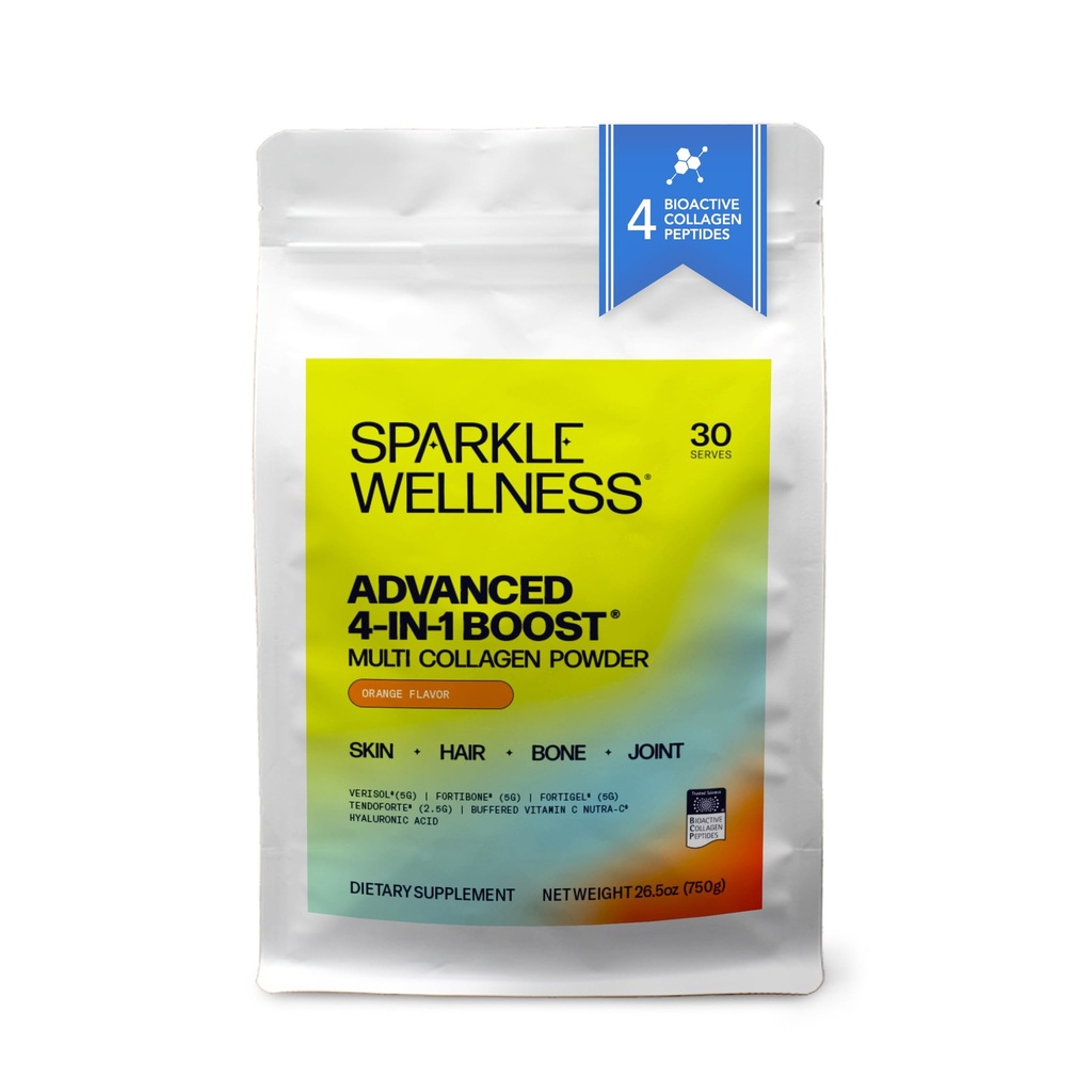 Sparkle Wellness Advanced 4-in-1 Boost | Clinically Tested Multi Collagen Powder with VERISOL, FORTIBONE, FORTIGEL, TENDORFORTE with HA and Vitamin C | Skin, Bone, Joint Health | Orange
