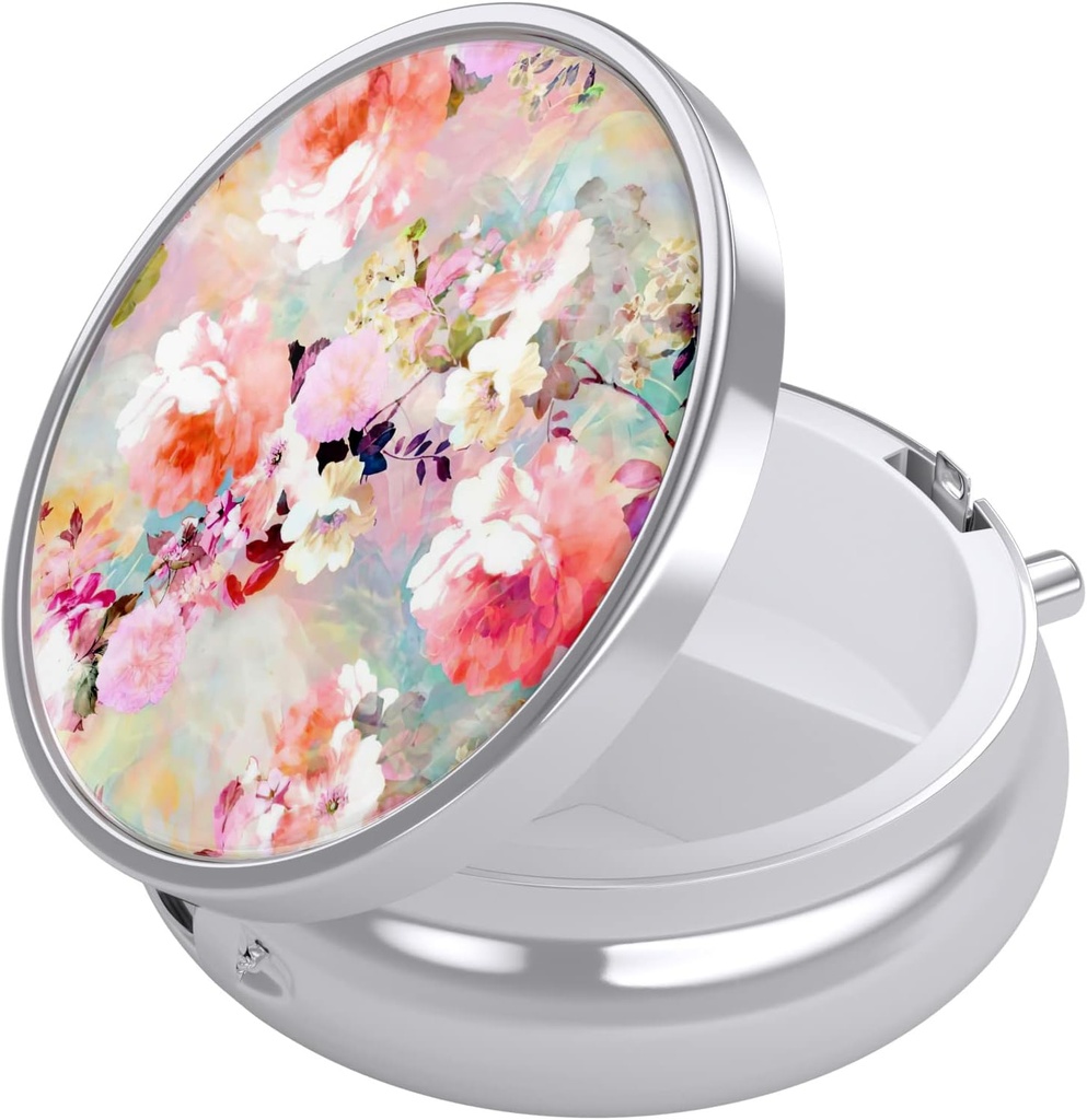 Boîte à pilules Nipichsha, petit cas de pilule pour la purse et la poche, Mignon organisateur de médecine de voyage, porte-conteneur de médicament portable pour tenir les vitamines, médicaments, huile de poisson et suppléments, fleurs rose aquarelle