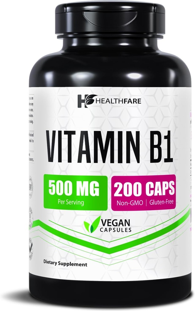 Santé Vitamine B1 (Thiamine) 500mg 200 Capsules végétaliennes , Extra Strength High Potency Supplement , supporte l'énergie et le système nerveux , non-OGM , sans gluten , Fabriqué aux États-Unis