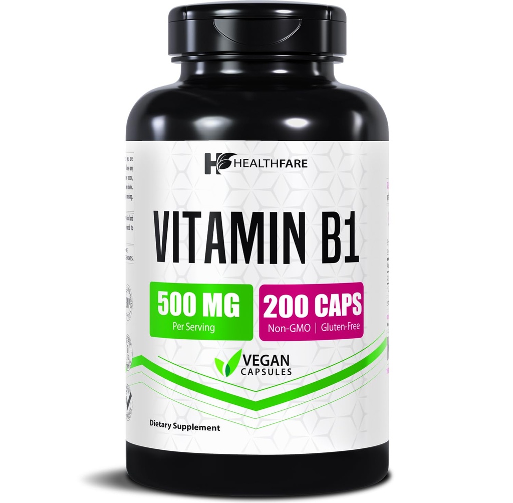 Santé Vitamine B1 (Thiamine) 500mg 200 Capsules végétaliennes , Extra Strength High Potency Supplement , supporte l'énergie et le système nerveux , non-OGM , sans gluten , Fabriqué aux États-Unis