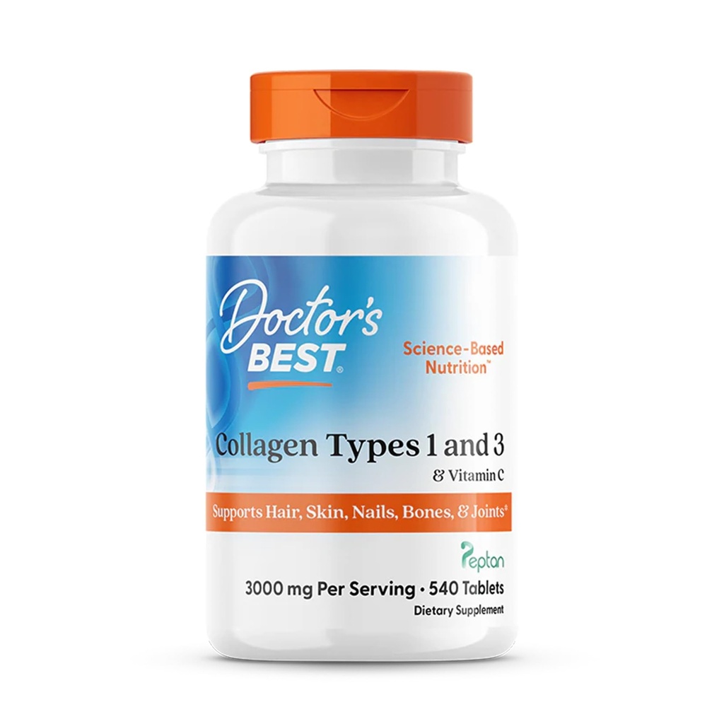 Meilleurs collagènes de docteur de types 1 et 3 avec Peptan, non-OGM, sans gluten, sans soja, soutient cheveux, peau, ongles, Tendons et os, 1000 Mg, 540 comprimés