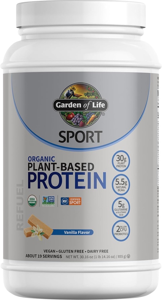 Garden of Life Poudre de protéines végétales biologiques avec probiotiques, BCAAs, NSF certifié, sans gluten et sport, non OGM, poudre de protéines de sport, 19 portions, vanille