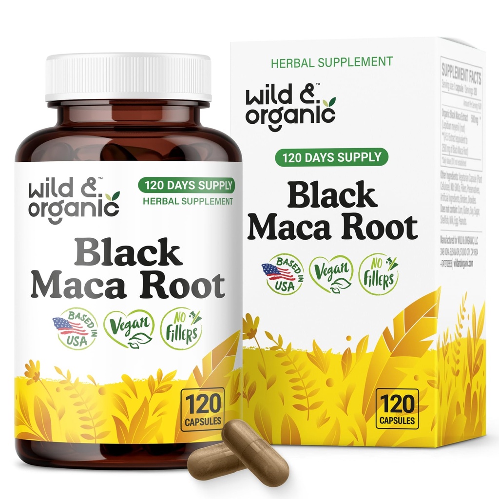 Wild & Organic Black Maca Root Capsules for Women & Men 500 mg - Overall Support - 120 Vegan Capsules with Maca Powder - Men & Women Supplement - 120 Days Supply, Non-GMO, No Fillers, Gluten-Free