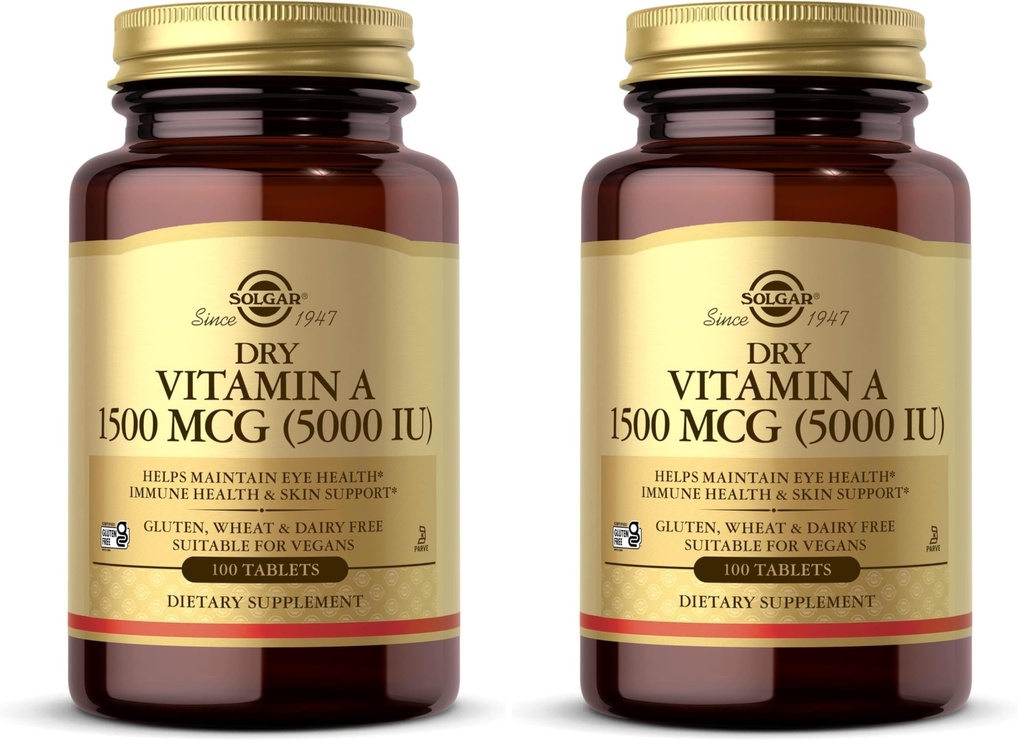 SOLGAR Dry Vitamin A 1500 mcg (5000 IU), 100 Tablets - Supports Healthy Eyes, Skin & Immune System - Non-GMO, Vegan, Gluten Free, Dairy Free, Kosher - 100 Servings (Pack of 2)