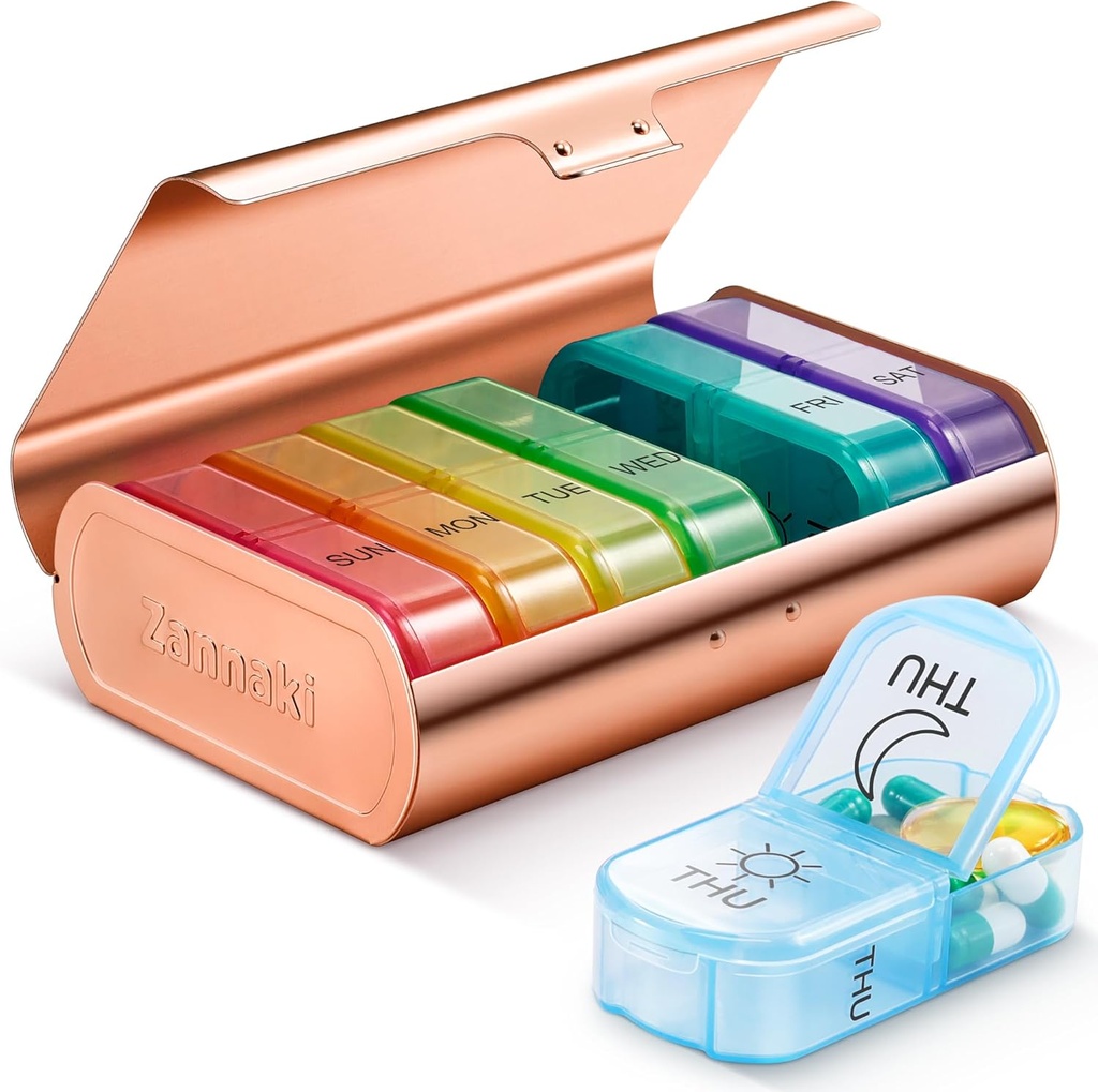 Zannaki Metal XL Hebdomadaire Pill Organisateur 2 fois par jour, grand voyage quotidien Pill Box 7 Jour, portable semaine porte-pilule porte-pilule, AM PM cas de pilule pour médecine supplément de vitamines, or