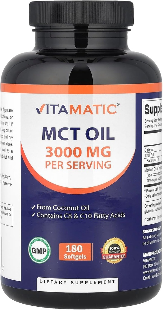MCT Vitamatique Huile 3000 mg par portion - 180 Softgels - de l'huile de coco - Contient 55 % d'acide caprylique C8 et 40 % d'acide caprique C10