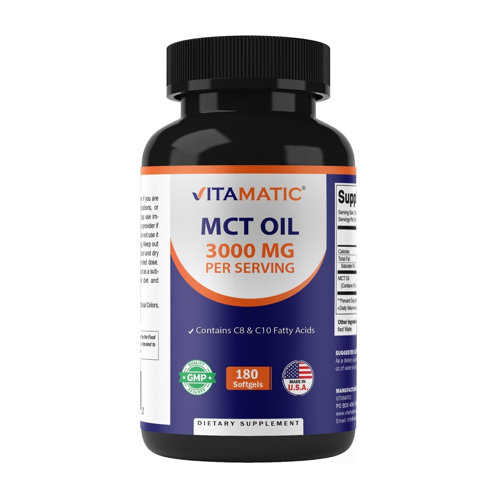 MCT Vitamatique Huile 3000 mg par portion - 180 Softgels - de l'huile de coco - Contient 55 % d'acide caprylique C8 et 40 % d'acide caprique C10