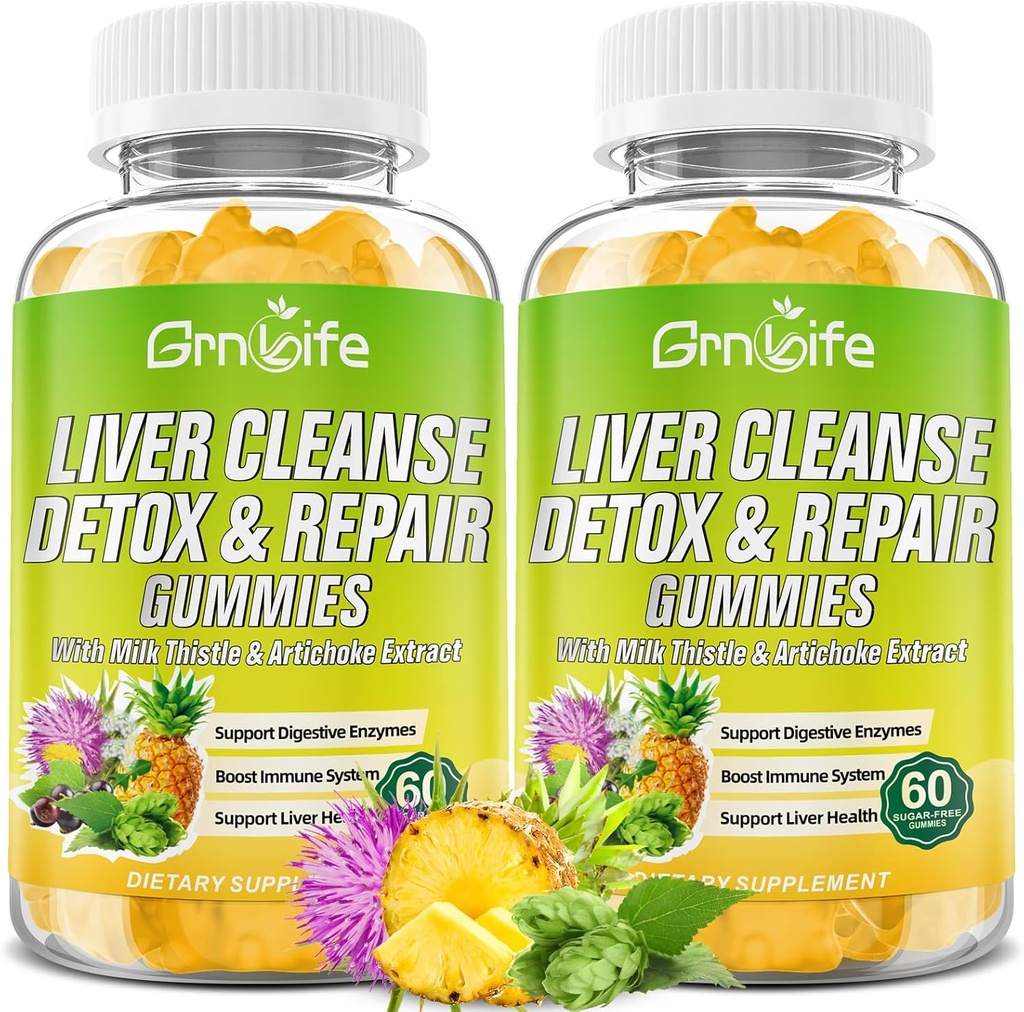 Nettoyer le foie Détox et réparer les gommies avec le chardon de lait 3000mg, 24-en-1 supplément de santé du foie avec dandelion, artichaut, sans sucre Gommies de détox, goût d'ananas - 120 Nombre