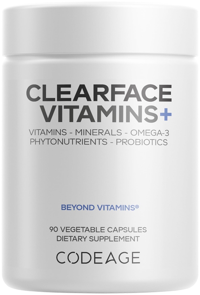 Codeage Clearface Pantothenic Acid, Niacin Supplement, Vitamins A, C, D3, E, Probiotics, Zinc, Riboflavin, Thiamin, L-Lysine HCL & Omega-3, Niacinamide, Skin Botanical Blend - Non-GMO - 90 Capsules