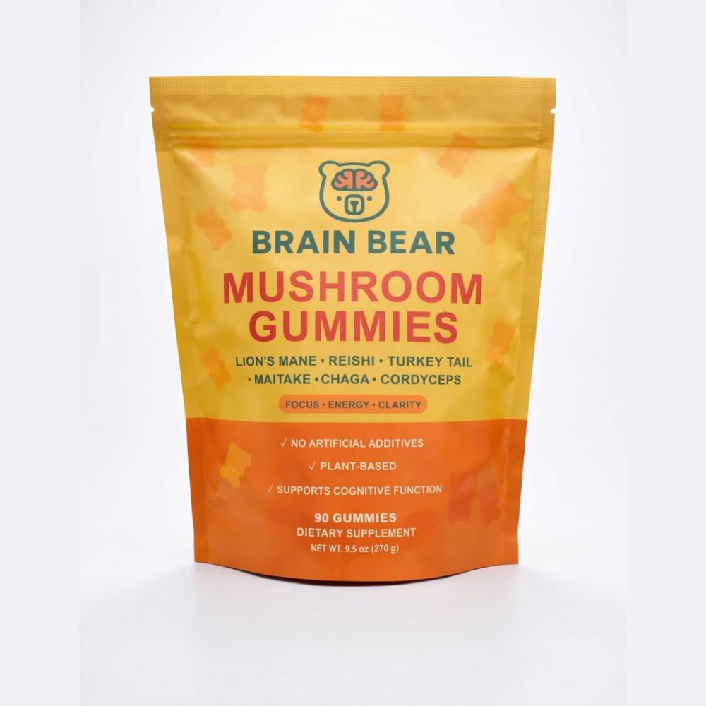 Brain Bear Mushroom Gummies – Lion’s Mane, Reishi, Cordyceps, Chaga, Maitake – Focus, Energy & Mental Clarity – Vegan Nootropic Brain Support – 90 Count