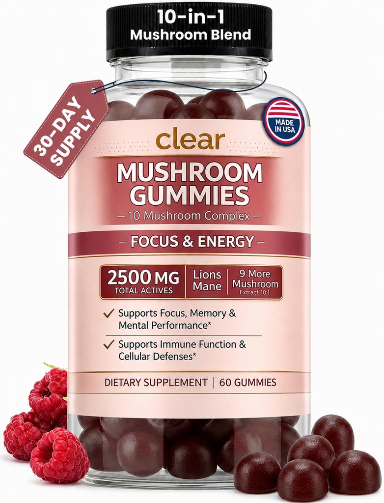 Mushroom Gummies for Focus & Energy - 2500mg, 60 Lion's Mane Gummies for Adults with Turkey Tail, Reishi, Cordyceps & 6 more - 10 in 1 Functional Mushroom Supplement for Brain, Immunity & Mood Support