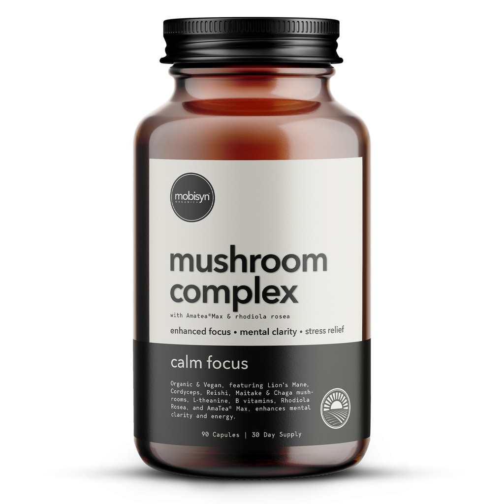 Lions Mane, Adaptogenic Mushrooms, Nootropics Brain Support Supplement, L-Theanine, Rhodiola Rosea, Guayusa Extract, B-Vitamins, Memory, Calming, Focus, Energy, Immunity, Gut Health, Organic, 30-Days