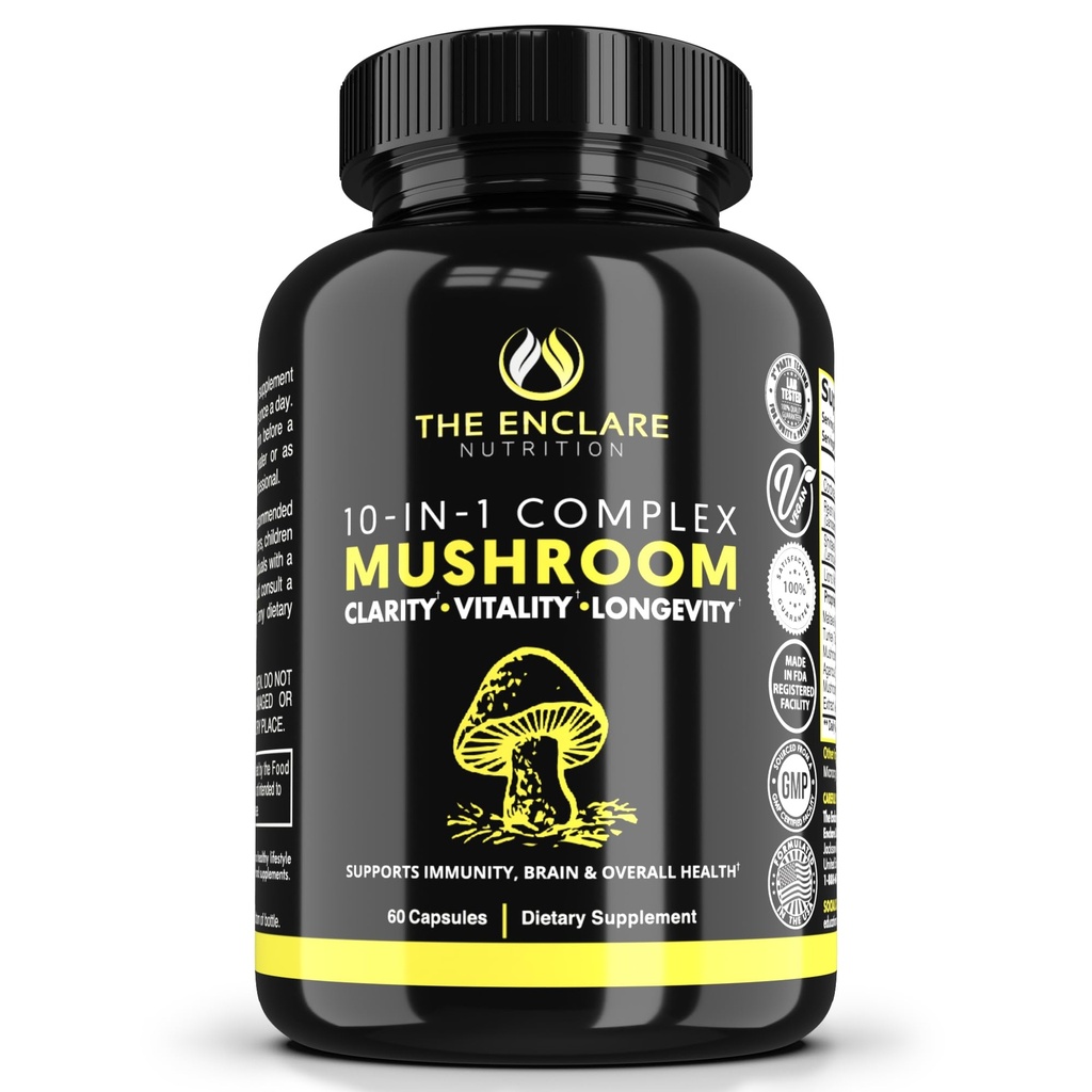 THE ENCLARE NUTRITION Mushroom Supplement 10in1 Complex Immune Support Lions Mane, Reishi, Turkey Tail, Cordyceps, Chaga, Maitake, Shiitake, Agaricus: Nootropic Brain, Energy Booster (1)