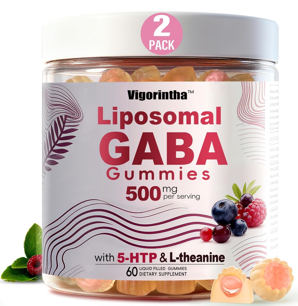 GABA Gummies with L-Theanine & 5-HTP, Melatonin Free Gummies, Liquid Filled Gummy Supplement for Daily Wellness and Balance, Easy-to-Take Format, 2 Bottles, 60 Gummies Each, 120 Total Count