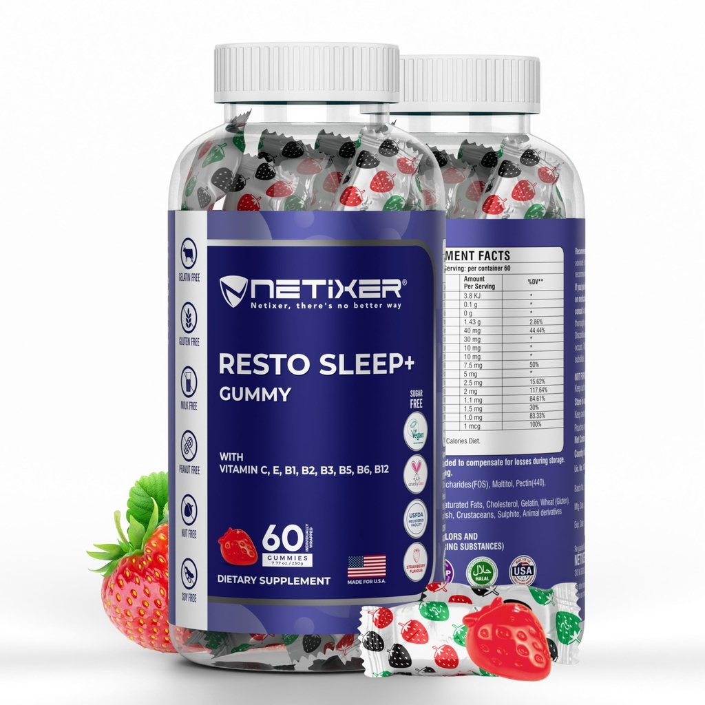 Resto Sleep+ Gummies – Melatonin 5mg, Valerian Root 30mg, Chamomile, Lavender | with Vitamin C, E, B1, B2, B3, B5, B6, B12 | 60 Vegan Gummies | Strawberry Flavor | Individually Wrapped